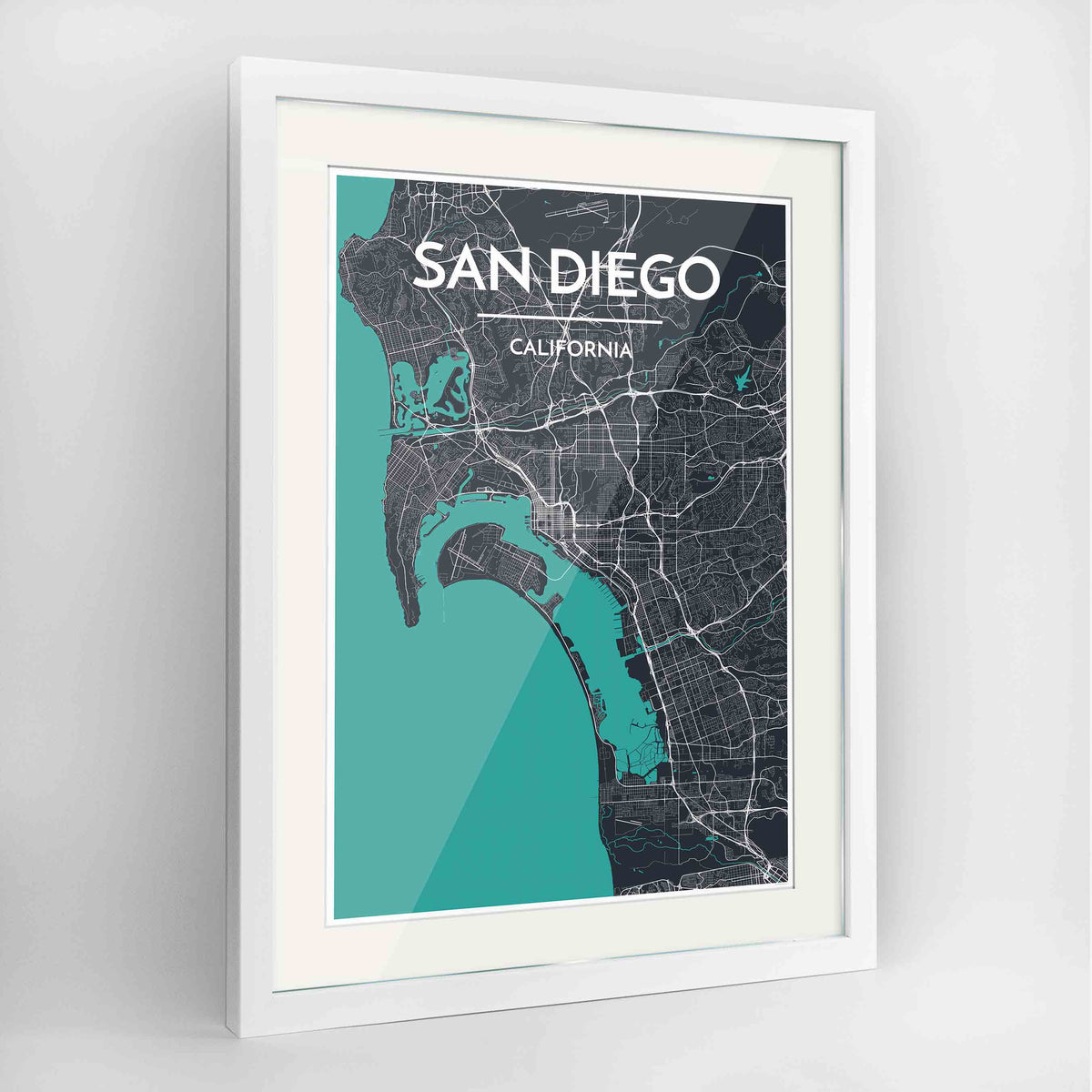 Framed San Diego Map Art Print 24x36&quot; Contemporary White frame Point Two Design Group