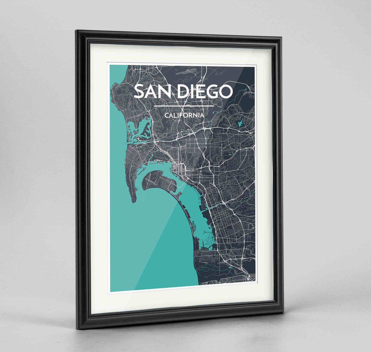 Framed San Diego Map Art Print 24x36&quot; Traditional Black frame Point Two Design Group