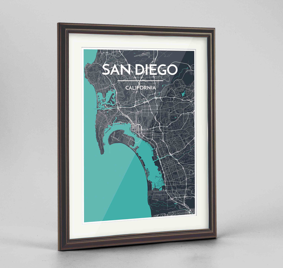 Framed San Diego Map Art Print 24x36&quot; Traditional Walnut frame Point Two Design Group