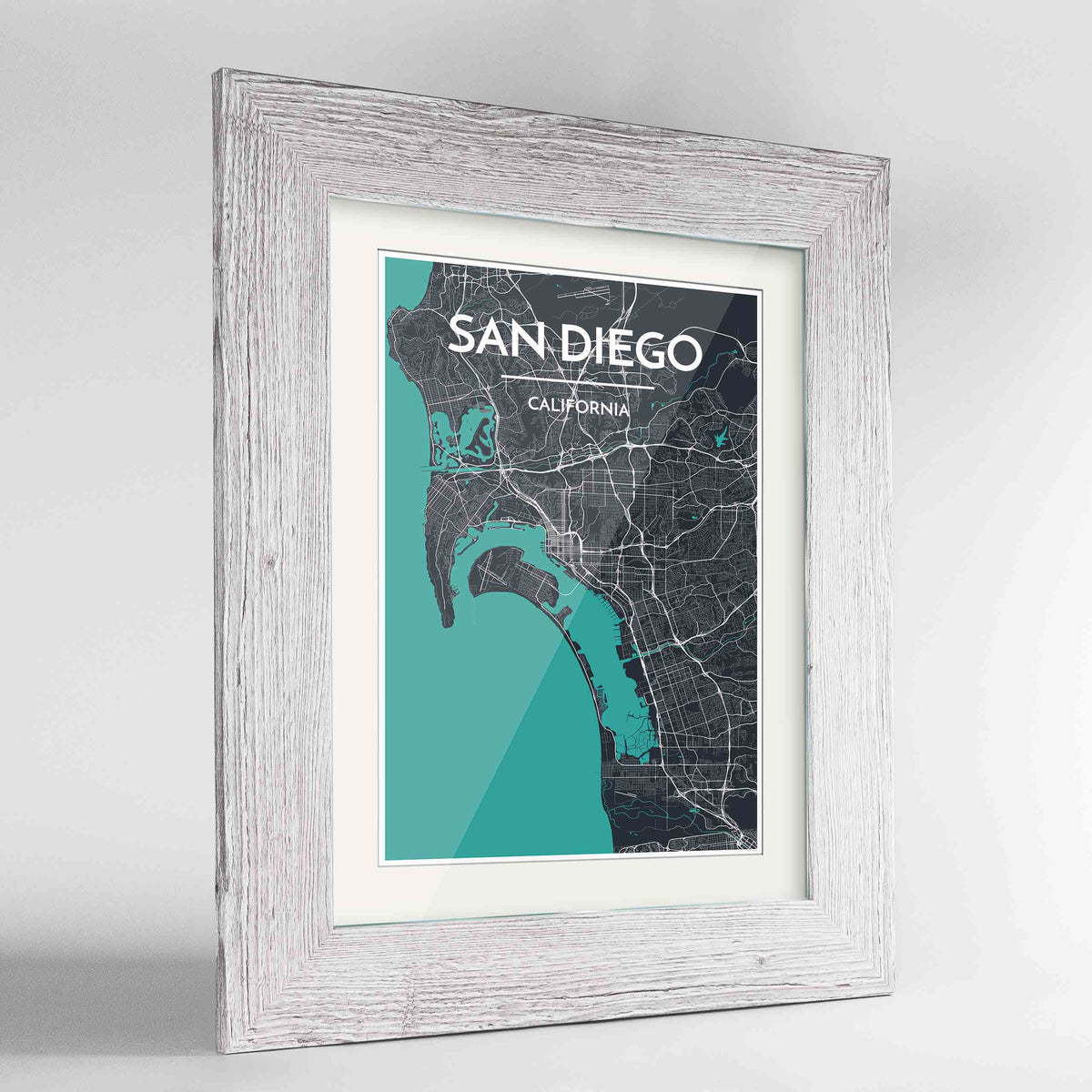 Framed San Diego Map Art Print 24x36&quot; Western White frame Point Two Design Group