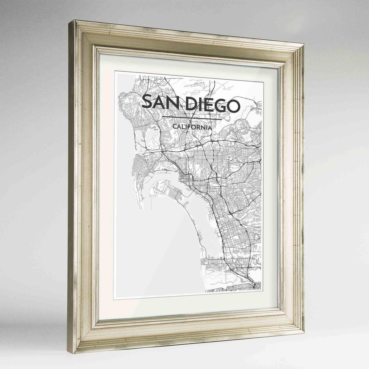 Framed San Diego Map Art Print 24x36&quot; Champagne frame Point Two Design Group