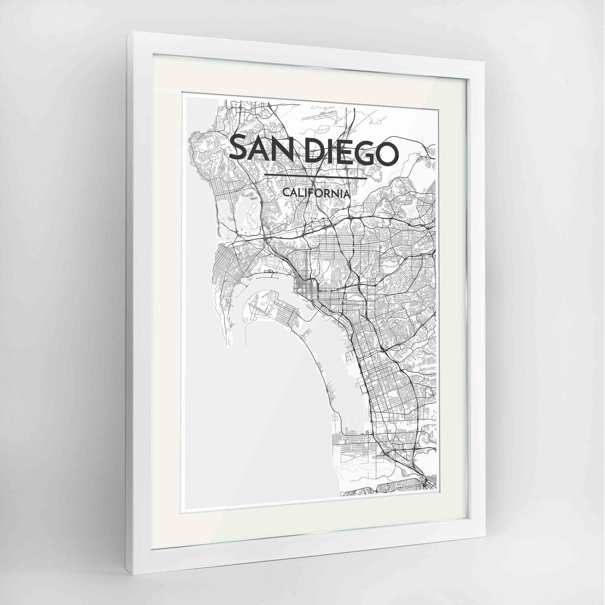 Framed San Diego Map Art Print 24x36&quot; Contemporary White frame Point Two Design Group