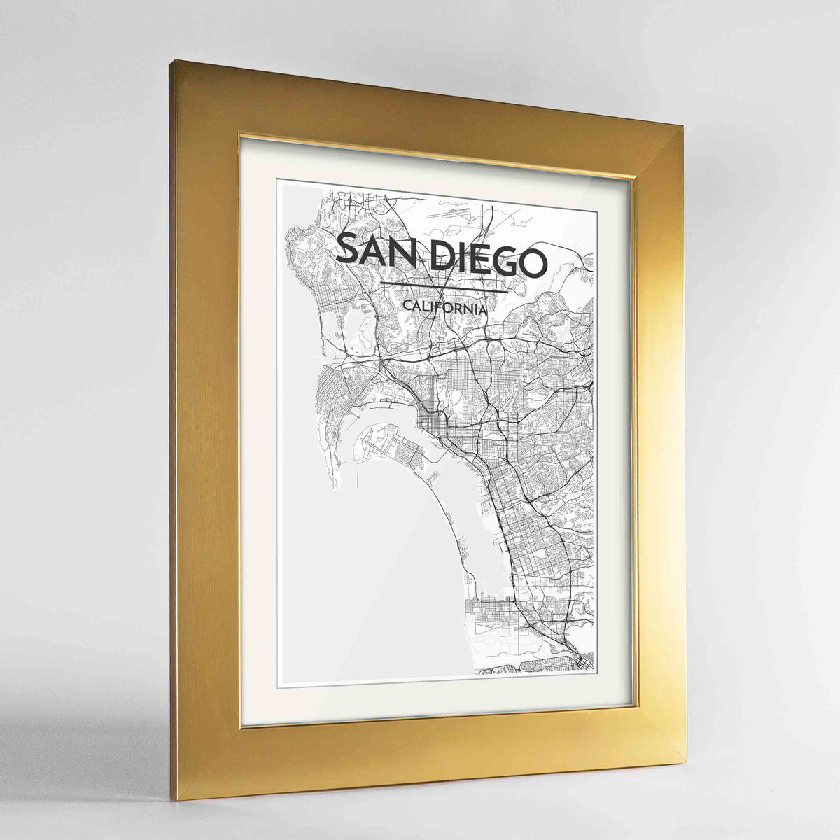 Framed San Diego Map Art Print 24x36&quot; Gold frame Point Two Design Group