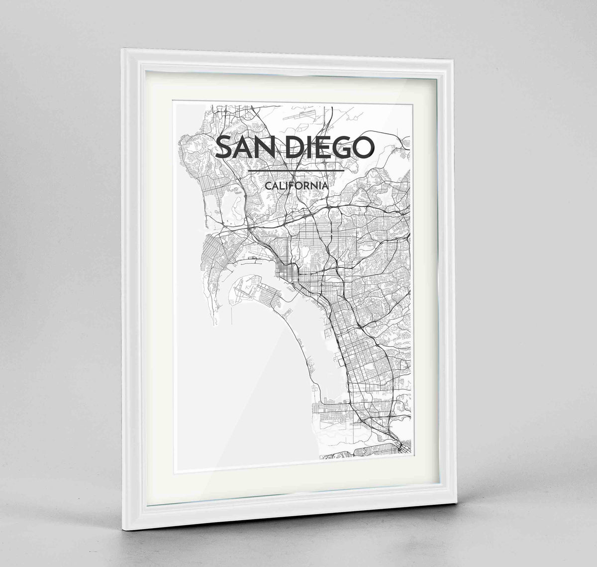 Framed San Diego Map Art Print 24x36&quot; Traditional White frame Point Two Design Group