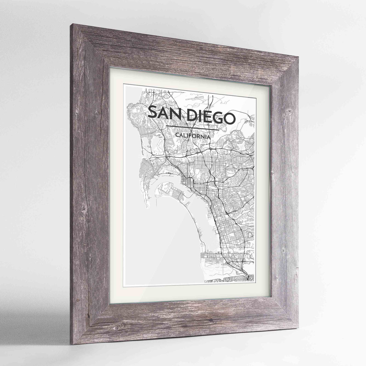 Framed San Diego Map Art Print 24x36&quot; Western Grey frame Point Two Design Group