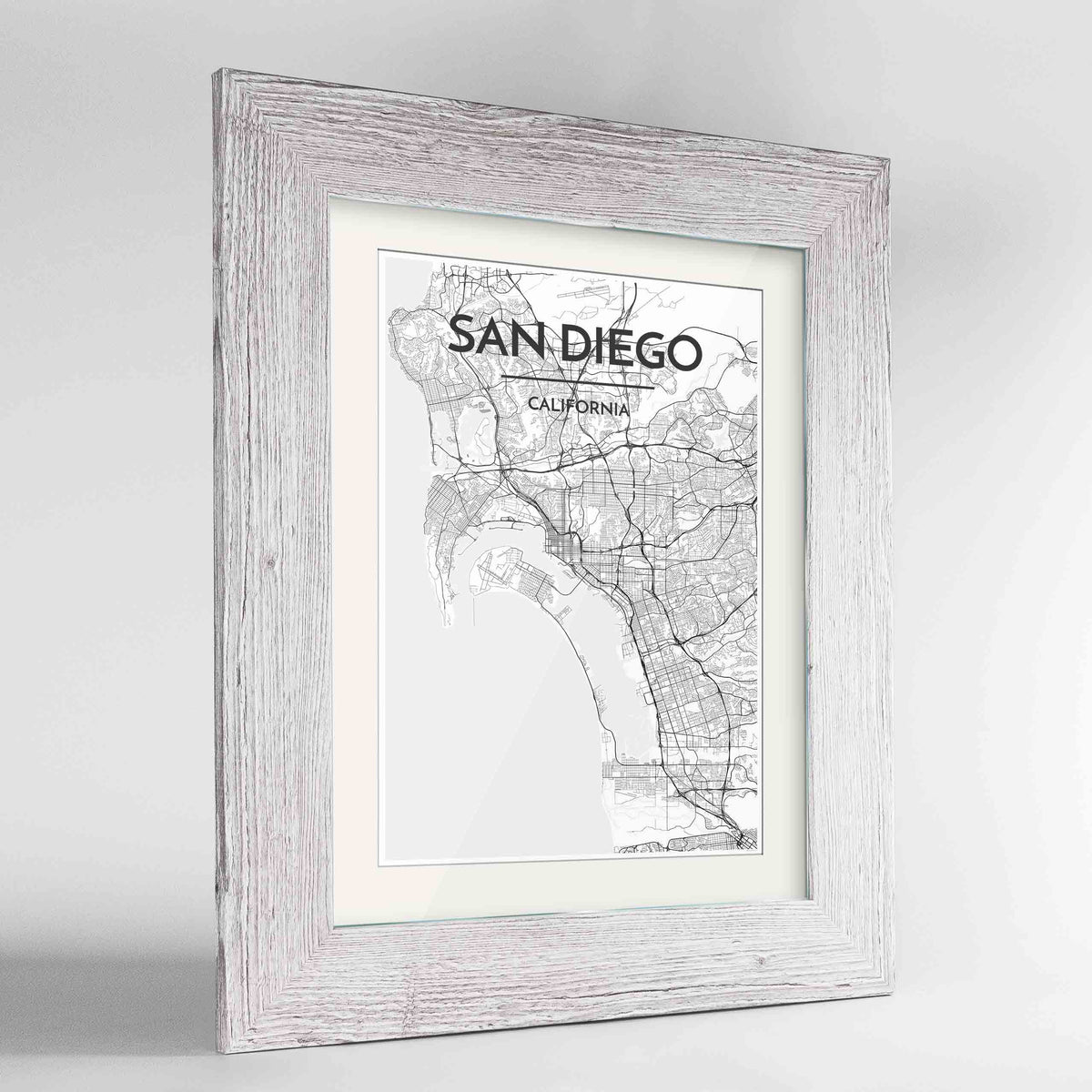 Framed San Diego Map Art Print 24x36&quot; Western White frame Point Two Design Group