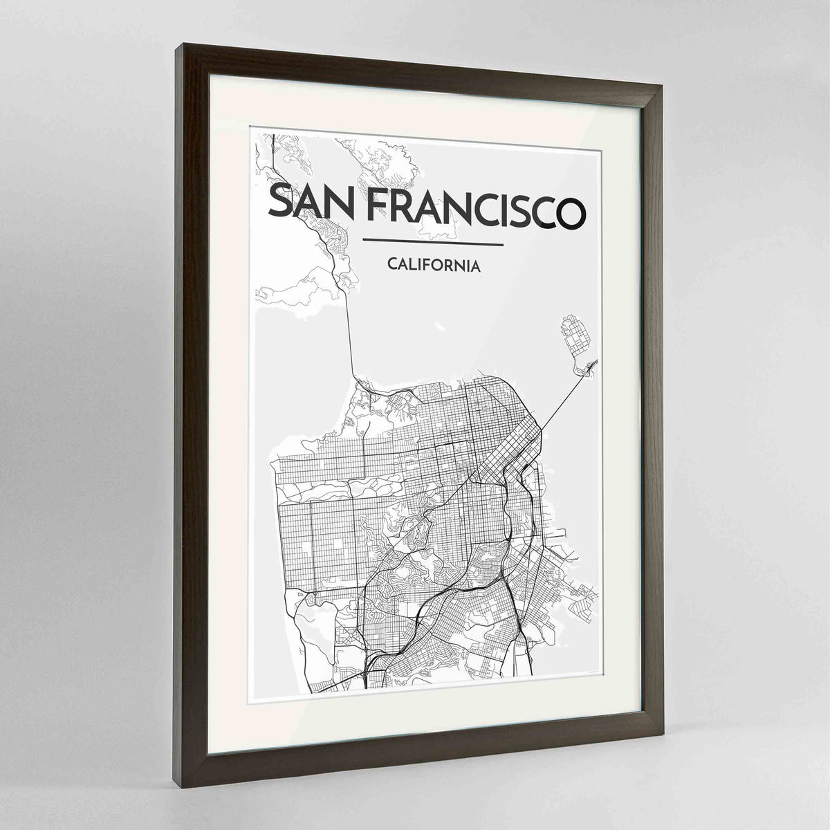 Framed San Francisco Map Art Print 24x36&quot; Contemporary Walnut frame Point Two Design Group