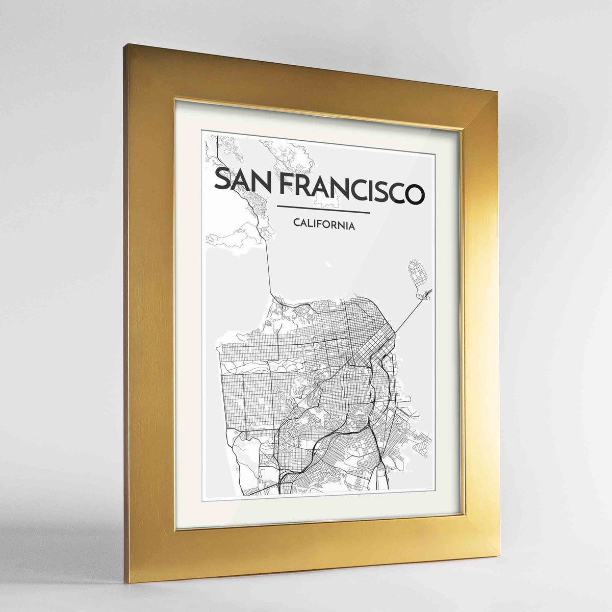 Framed San Francisco Map Art Print 24x36&quot; Gold frame Point Two Design Group