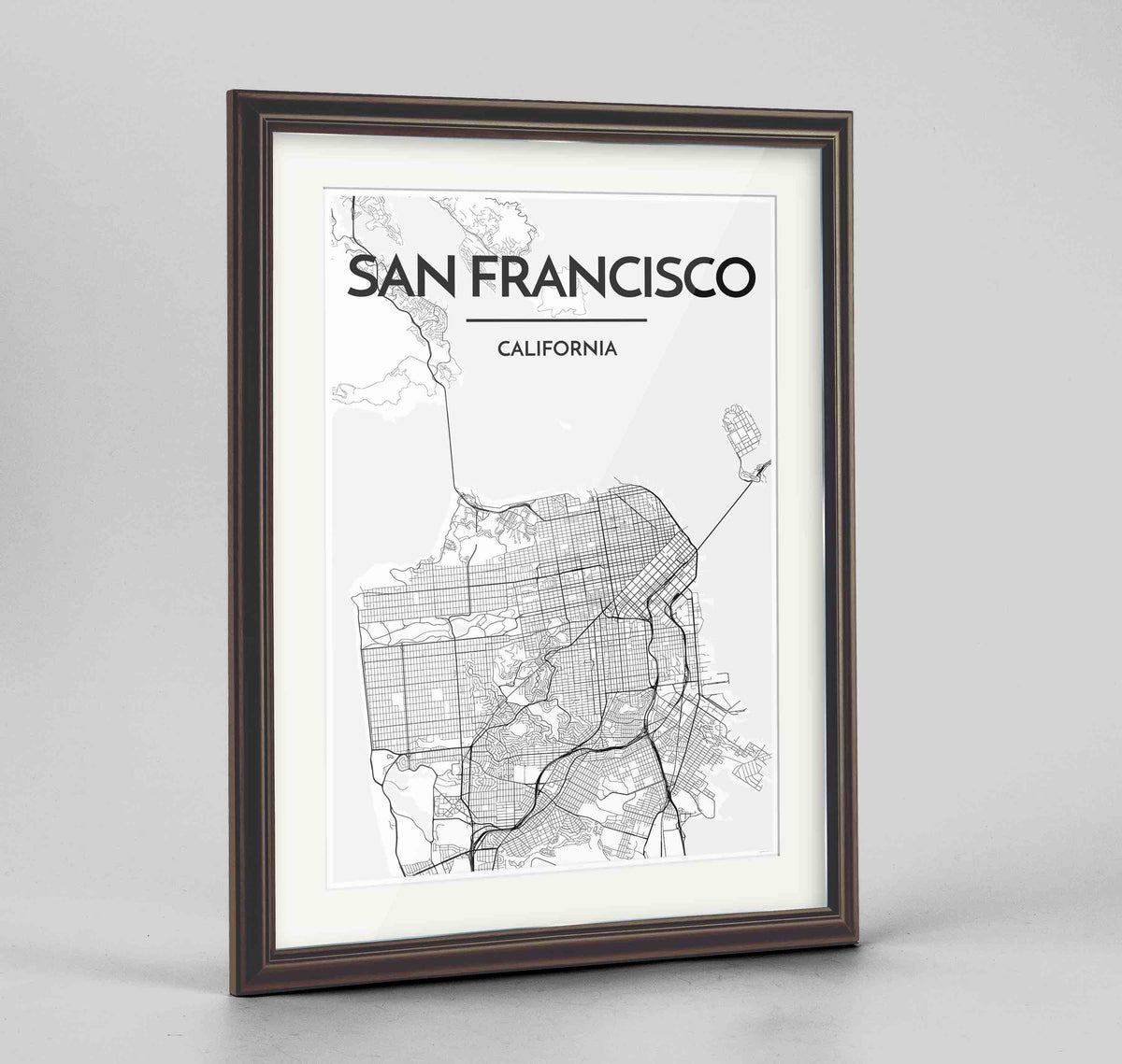 Framed San Francisco Map Art Print 24x36&quot; Traditional Walnut frame Point Two Design Group