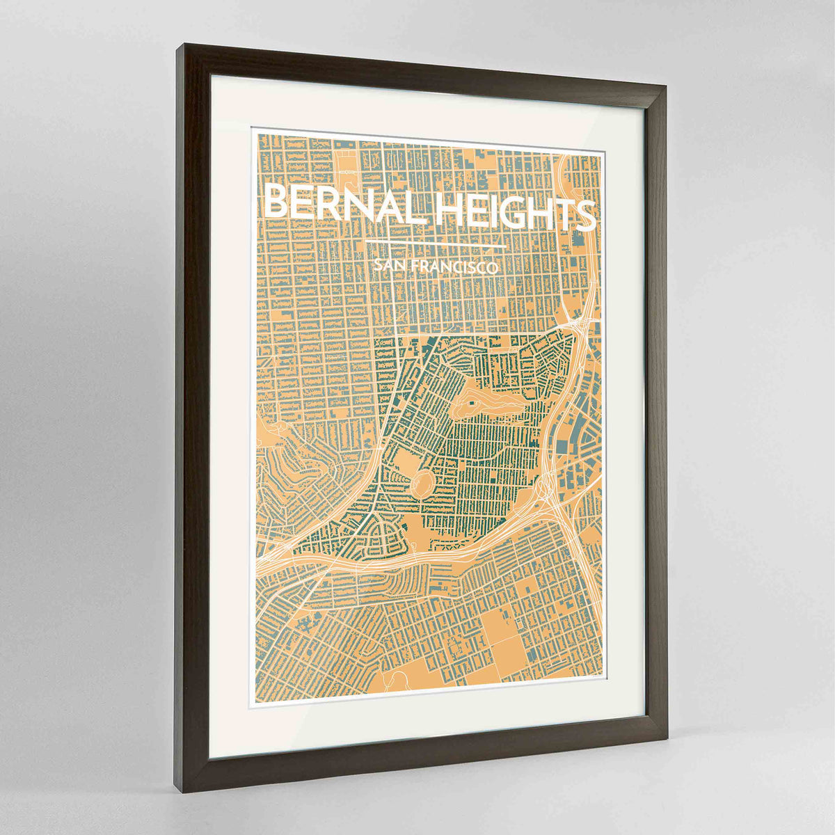 Framed Bernal Heights San Francisco Map Art Print 24x36&quot; Contemporary Walnut frame Point Two Design Group