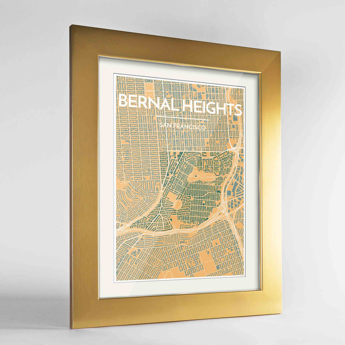 Framed Bernal Heights San Francisco Map Art Print 24x36&quot; Gold frame Point Two Design Group
