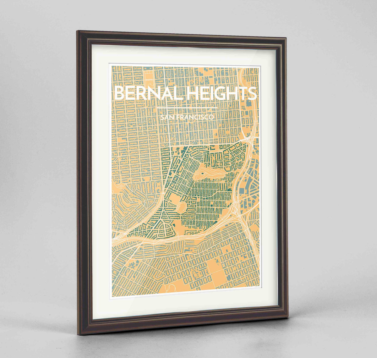 Framed Bernal Heights San Francisco Map Art Print 24x36&quot; Traditional Walnut frame Point Two Design Group