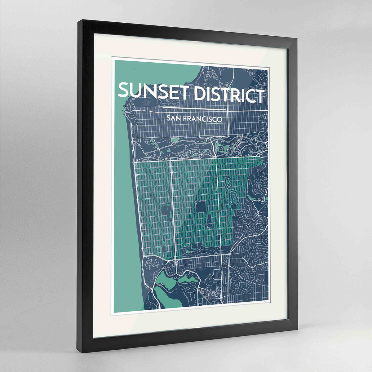 Framed The Sunset District San Francisco Map Art Print 24x36&quot; Contemporary Black frame Point Two Design Group