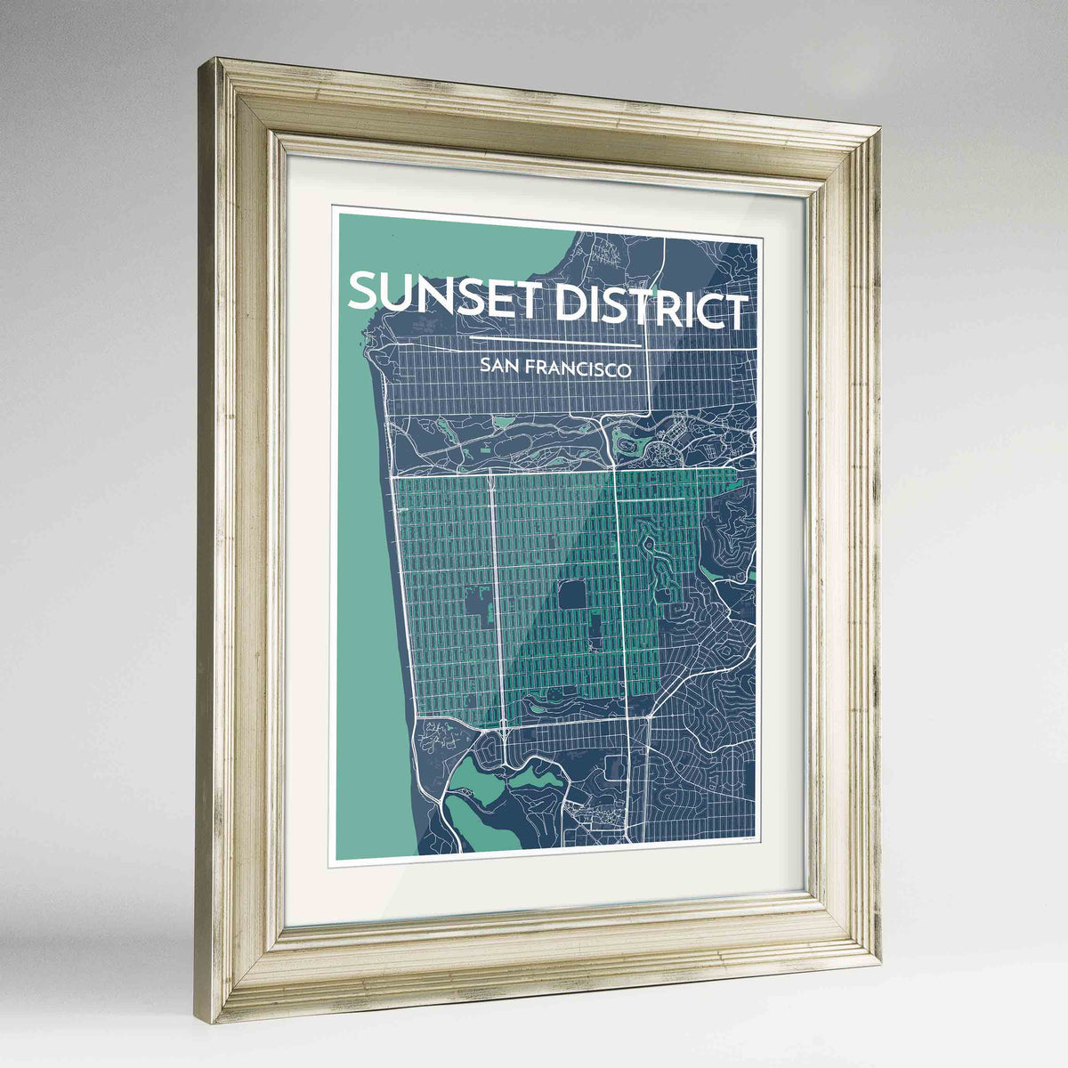 Framed The Sunset District San Francisco Map Art Print 24x36&quot; Champagne frame Point Two Design Group
