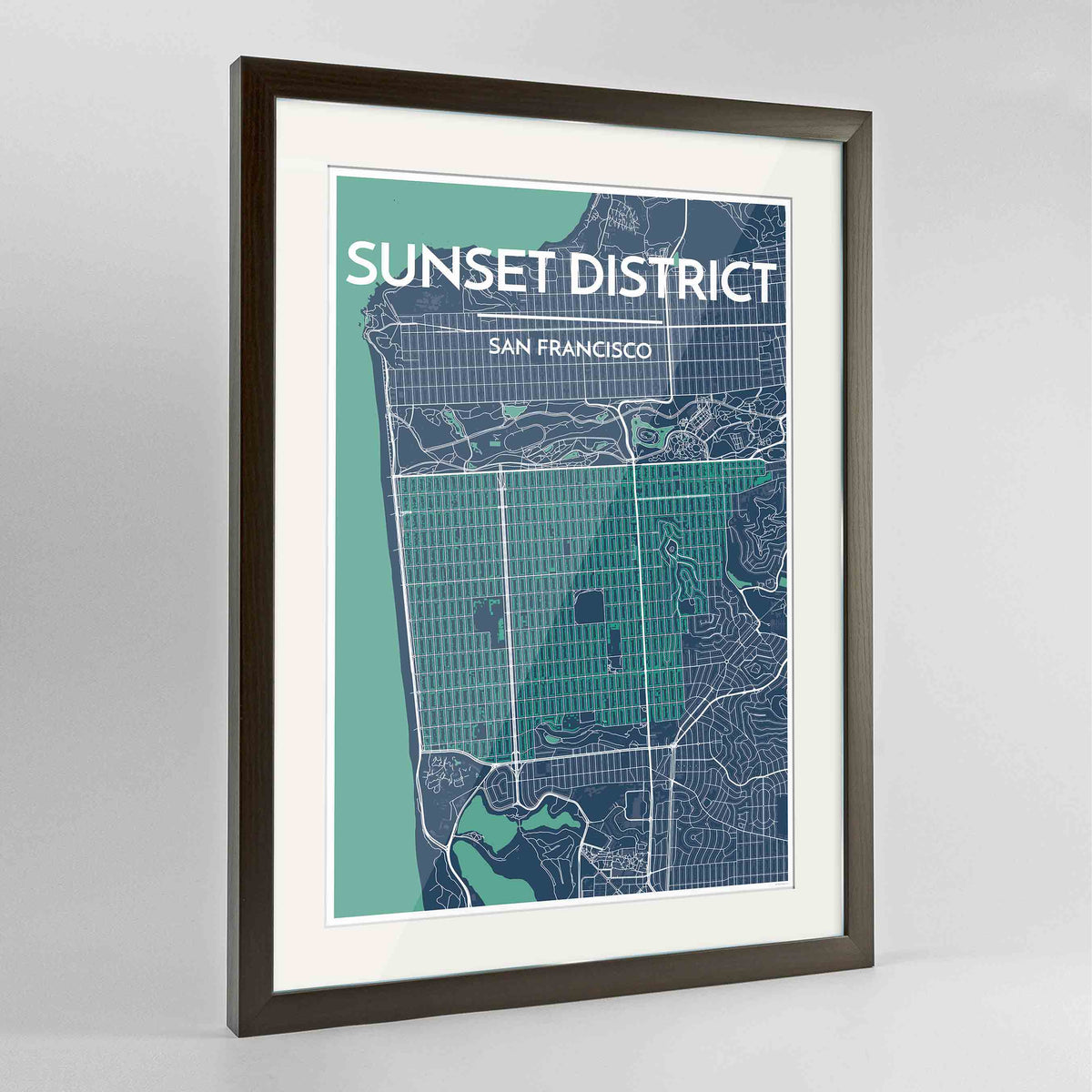 Framed The Sunset District San Francisco Map Art Print 24x36&quot; Contemporary Walnut frame Point Two Design Group