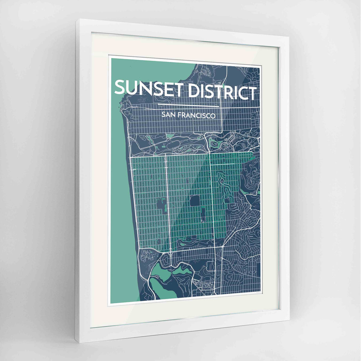Framed The Sunset District San Francisco Map Art Print 24x36&quot; Contemporary White frame Point Two Design Group