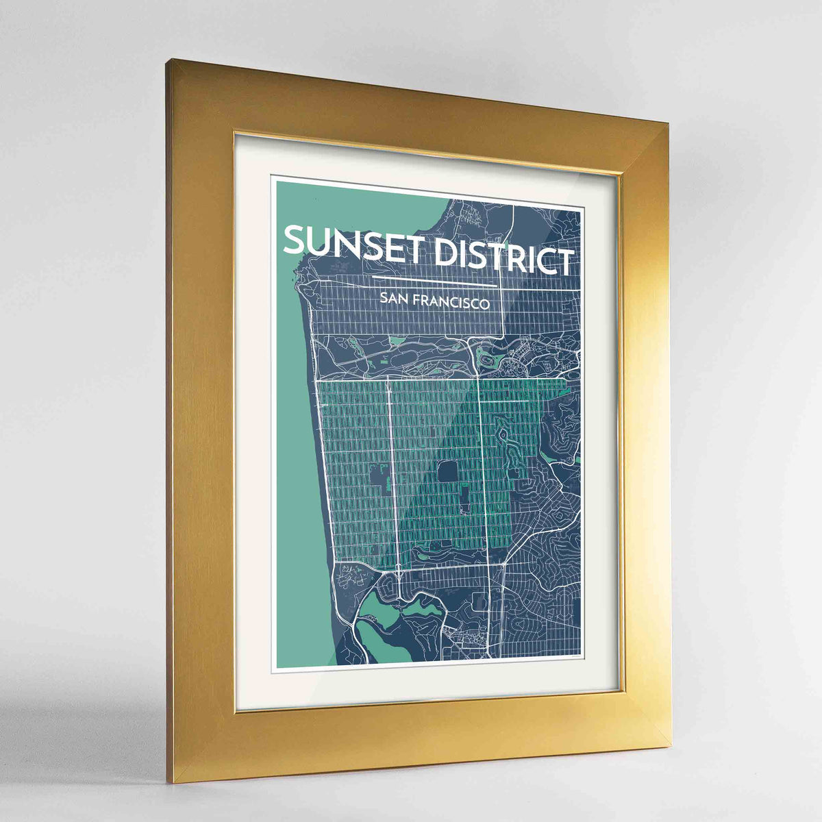 Framed The Sunset District San Francisco Map Art Print 24x36&quot; Gold frame Point Two Design Group