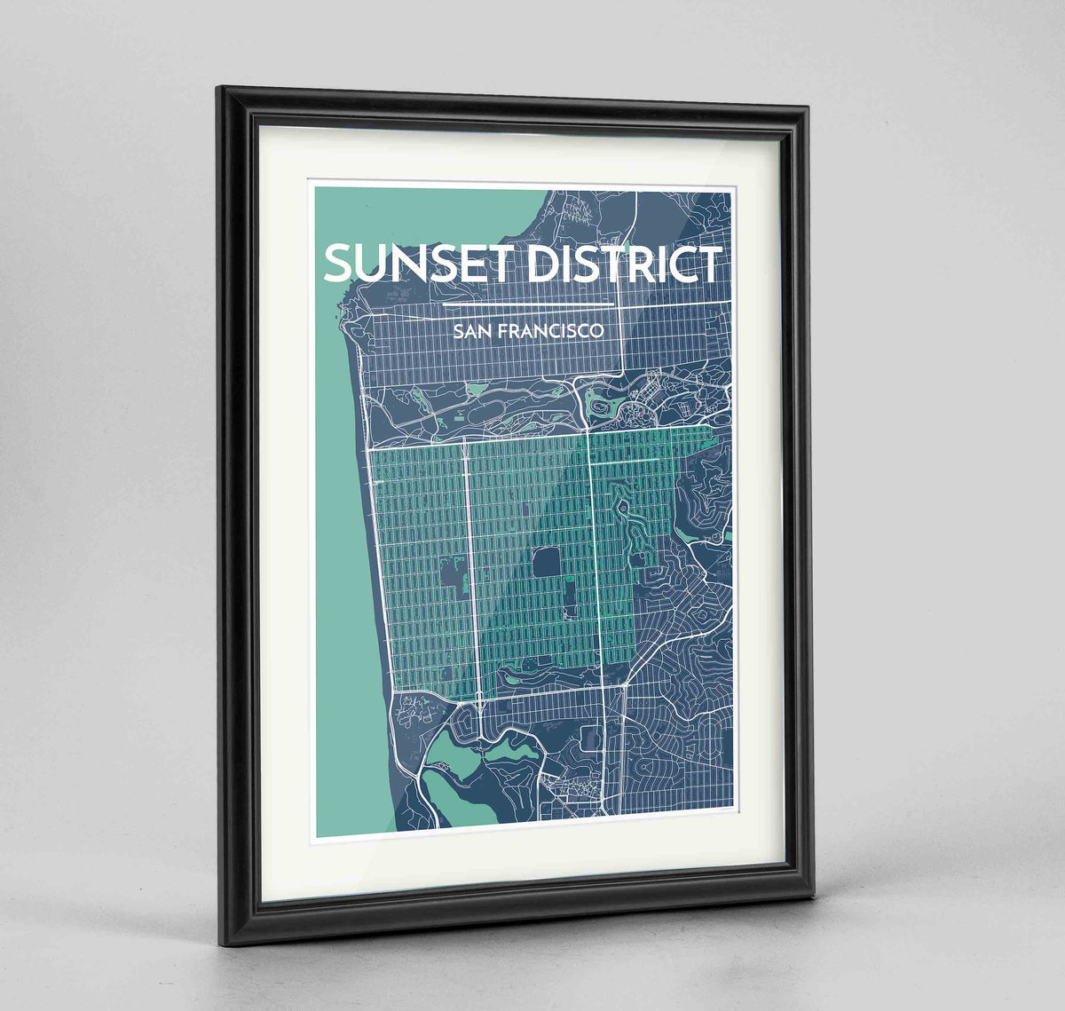 Framed The Sunset District San Francisco Map Art Print 24x36&quot; Traditional Black frame Point Two Design Group