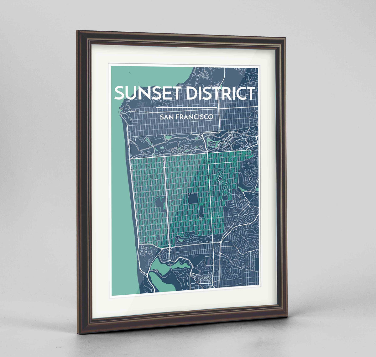 Framed The Sunset District San Francisco Map Art Print 24x36&quot; Traditional Walnut frame Point Two Design Group