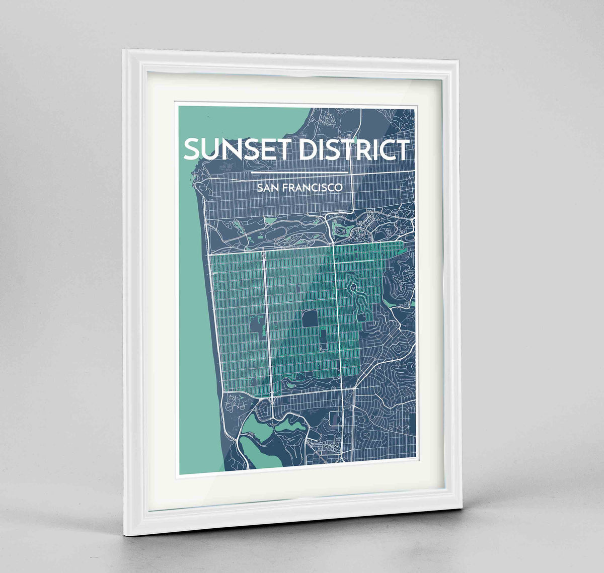 Framed The Sunset District San Francisco Map Art Print 24x36&quot; Traditional White frame Point Two Design Group