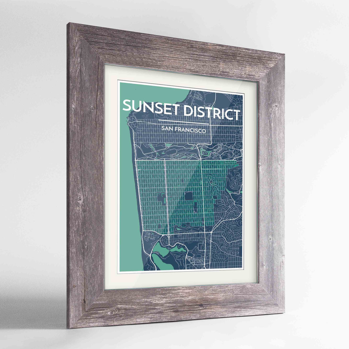 Framed The Sunset District San Francisco Map Art Print 24x36&quot; Western Grey frame Point Two Design Group