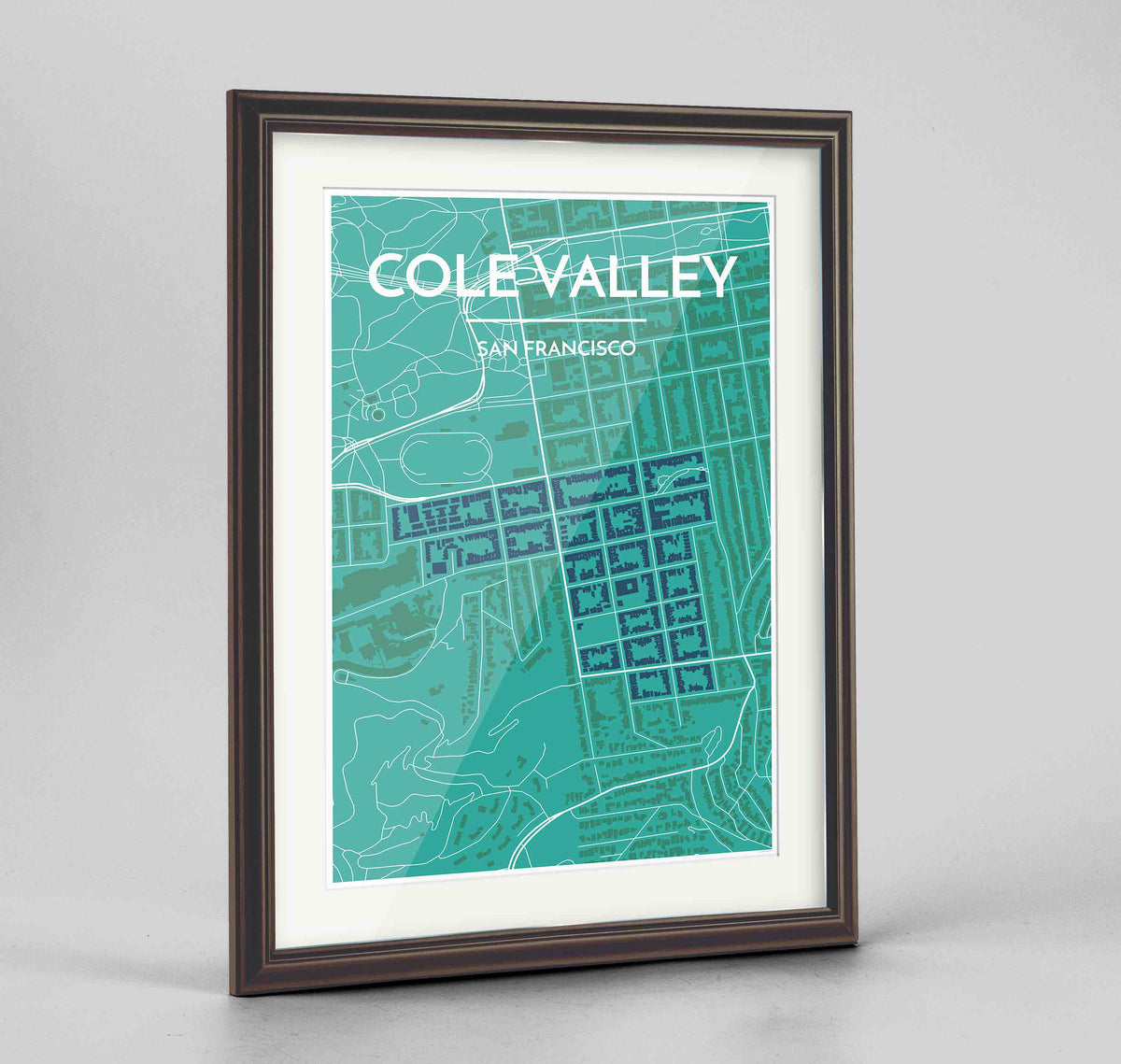 Framed Cole Valley San Francisco Map Art Print 24x36&quot; Traditional Walnut frame Point Two Design Group