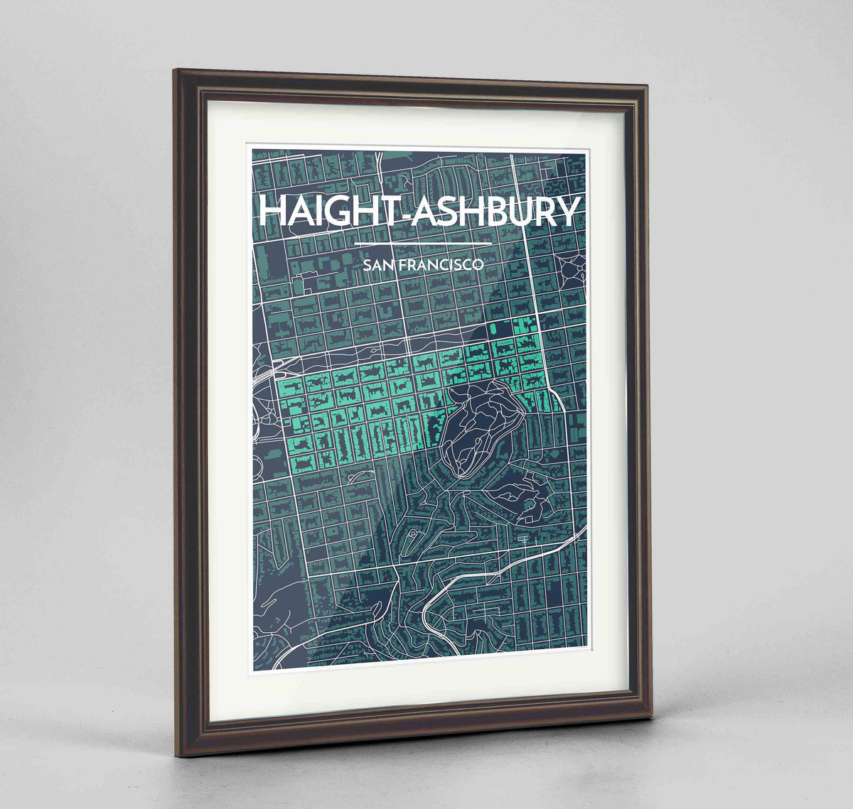 Framed Haight-Ashbury San Francisco Map Art Print 24x36&quot; Traditional Walnut frame Point Two Design Group