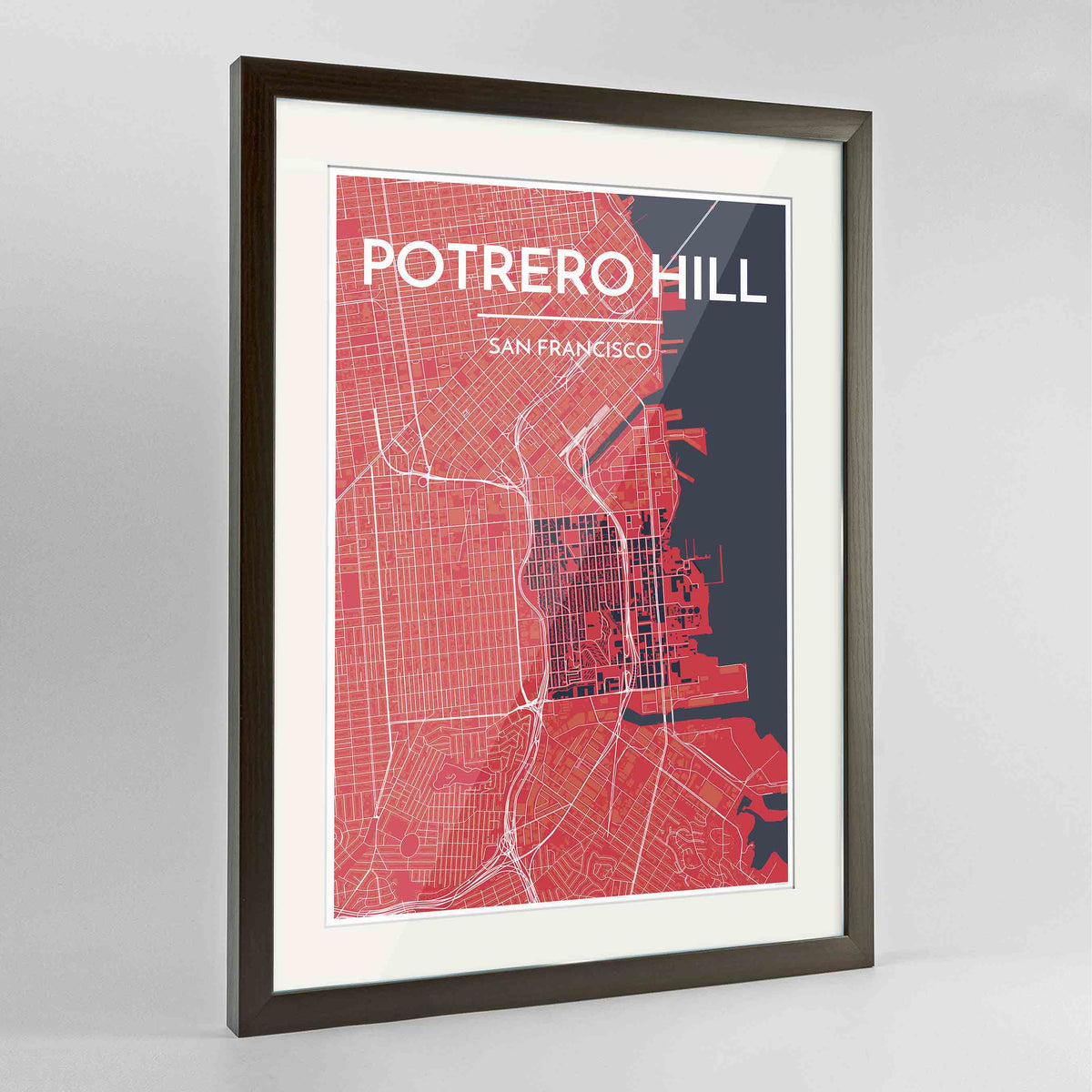 Framed Potrero Hill San Francisco Map Art Print 24x36&quot; Contemporary Walnut frame Point Two Design Group