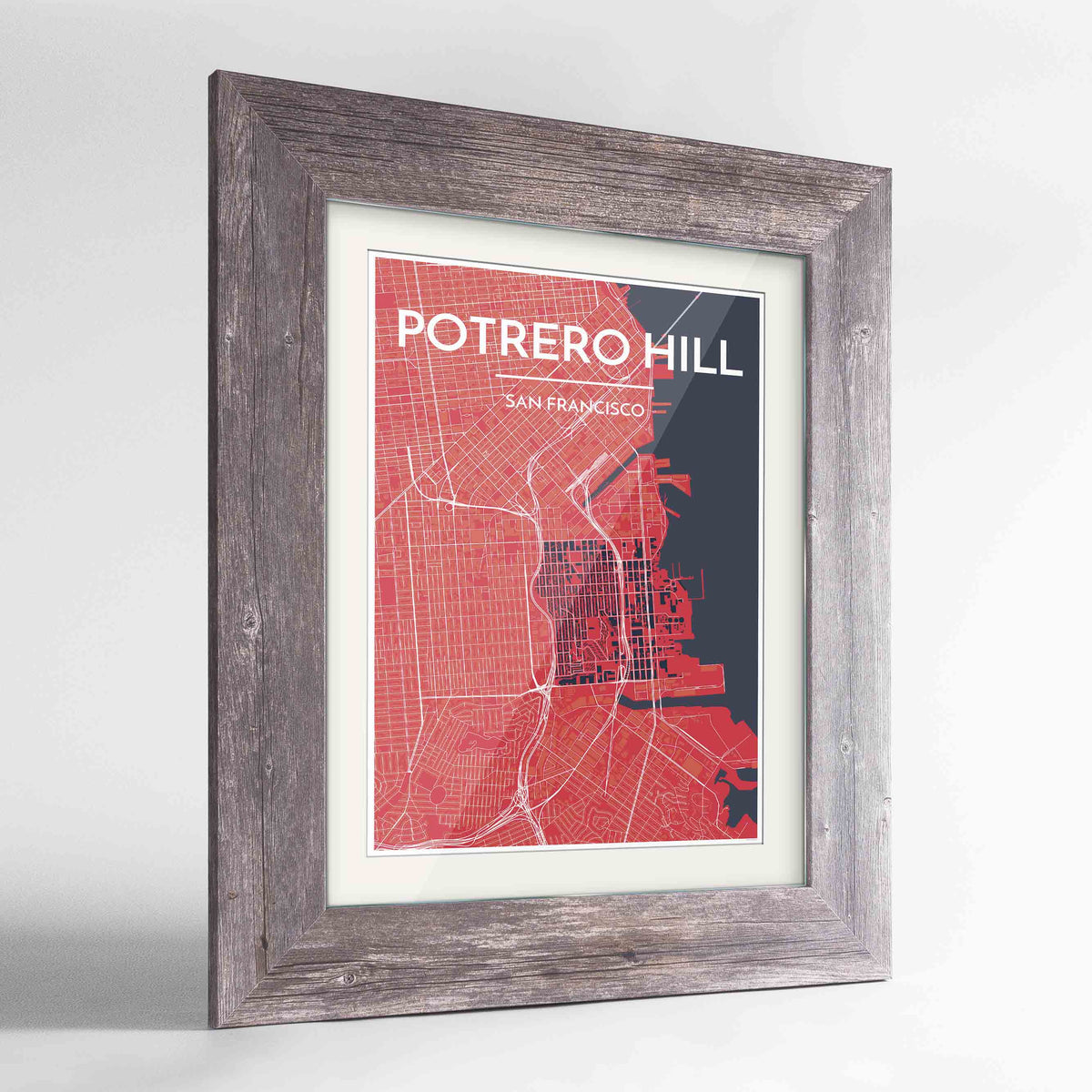 Framed Potrero Hill San Francisco Map Art Print 24x36&quot; Western Grey frame Point Two Design Group
