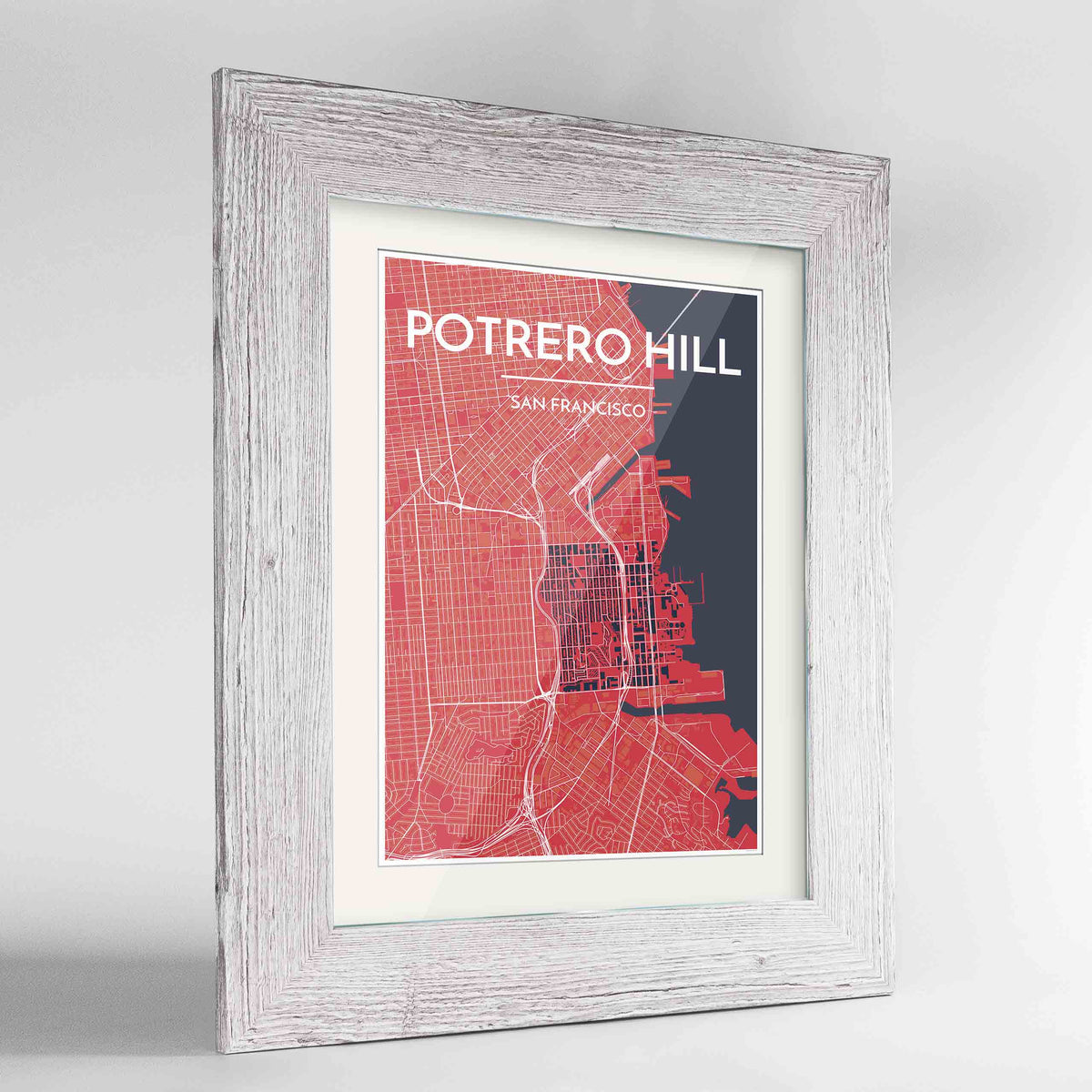Framed Potrero Hill San Francisco Map Art Print 24x36&quot; Western White frame Point Two Design Group