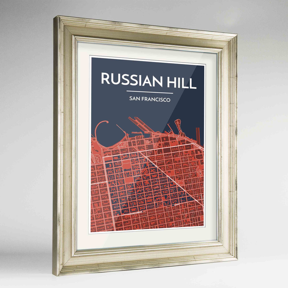 Framed Russian Hill San Francisco Map Art Print 24x36&quot; Champagne frame Point Two Design Group