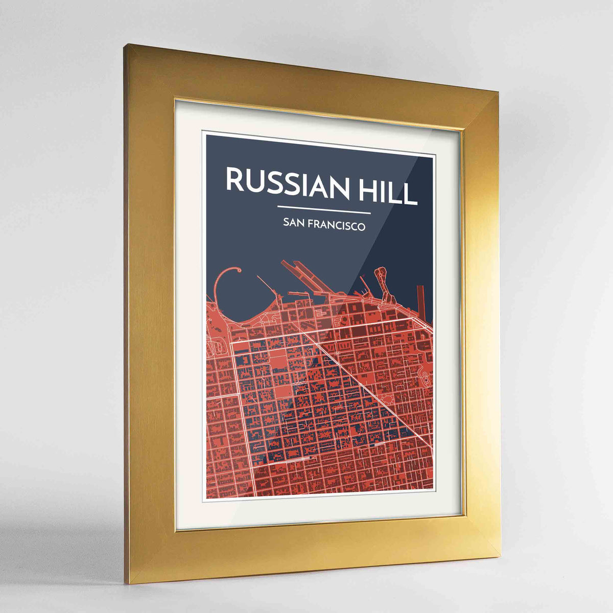 Framed Russian Hill San Francisco Map Art Print 24x36&quot; Gold frame Point Two Design Group