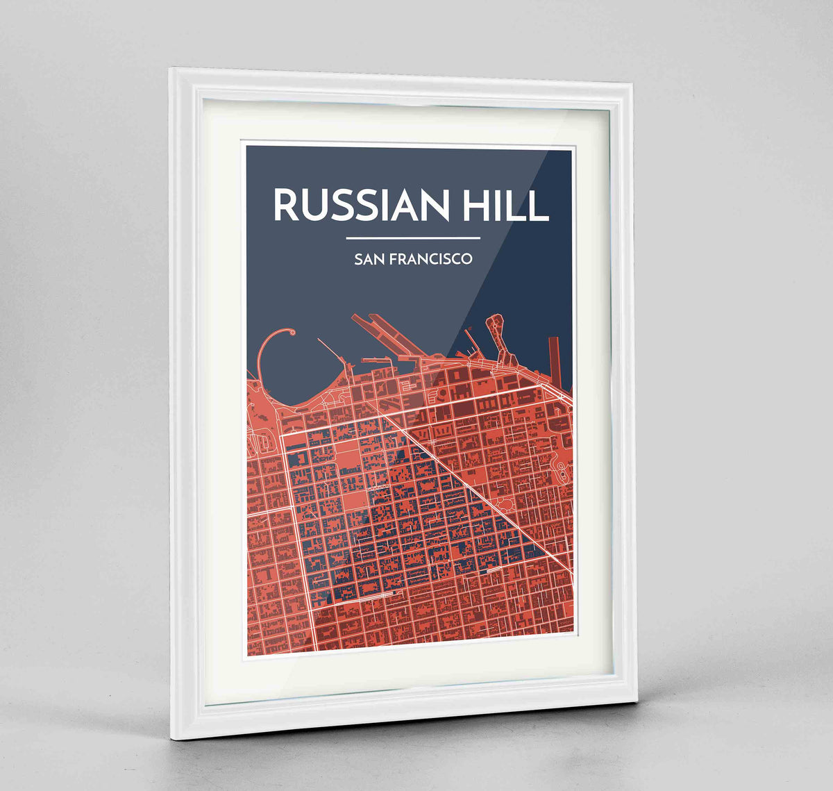 Framed Russian Hill San Francisco Map Art Print 24x36&quot; Traditional White frame Point Two Design Group