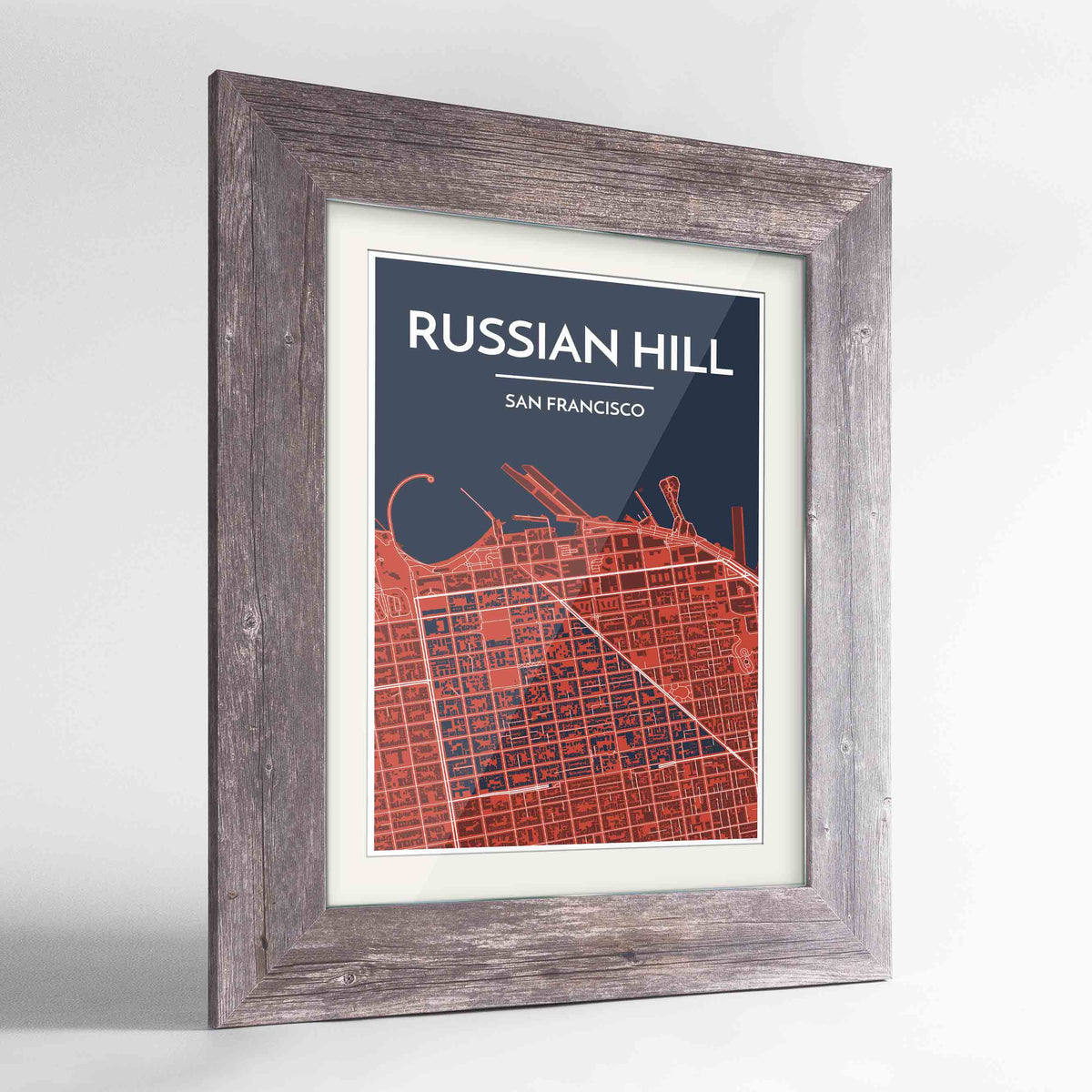 Framed Russian Hill San Francisco Map Art Print 24x36&quot; Western Grey frame Point Two Design Group