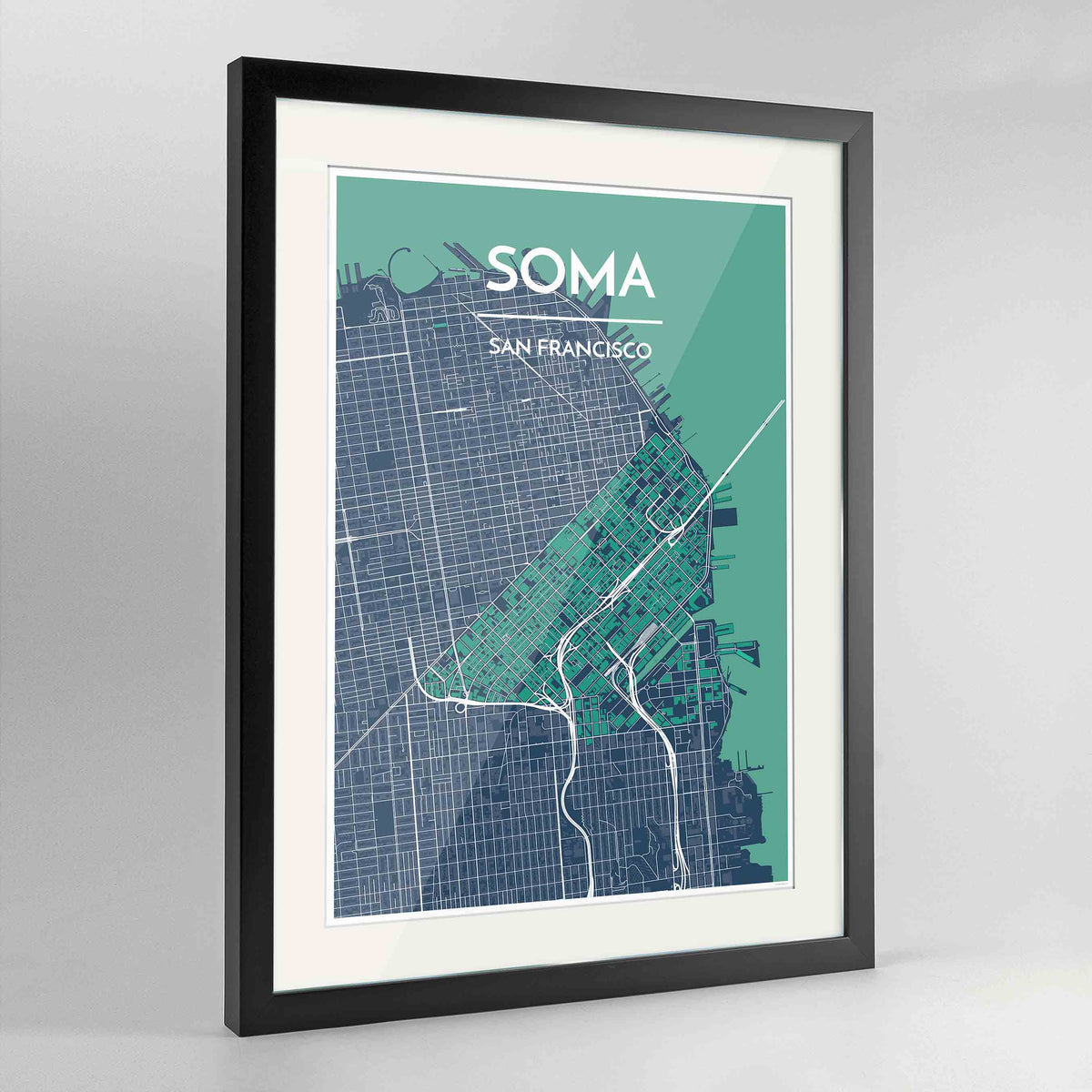 Framed SOMA San Francisco Map Art Print 24x36&quot; Contemporary Black frame Point Two Design Group