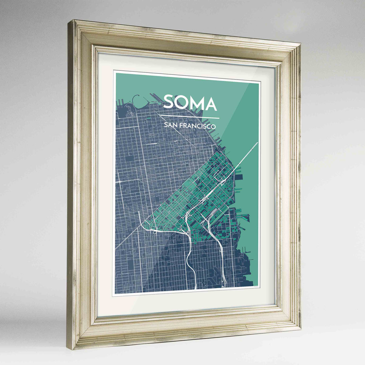Framed SOMA San Francisco Map Art Print 24x36&quot; Champagne frame Point Two Design Group