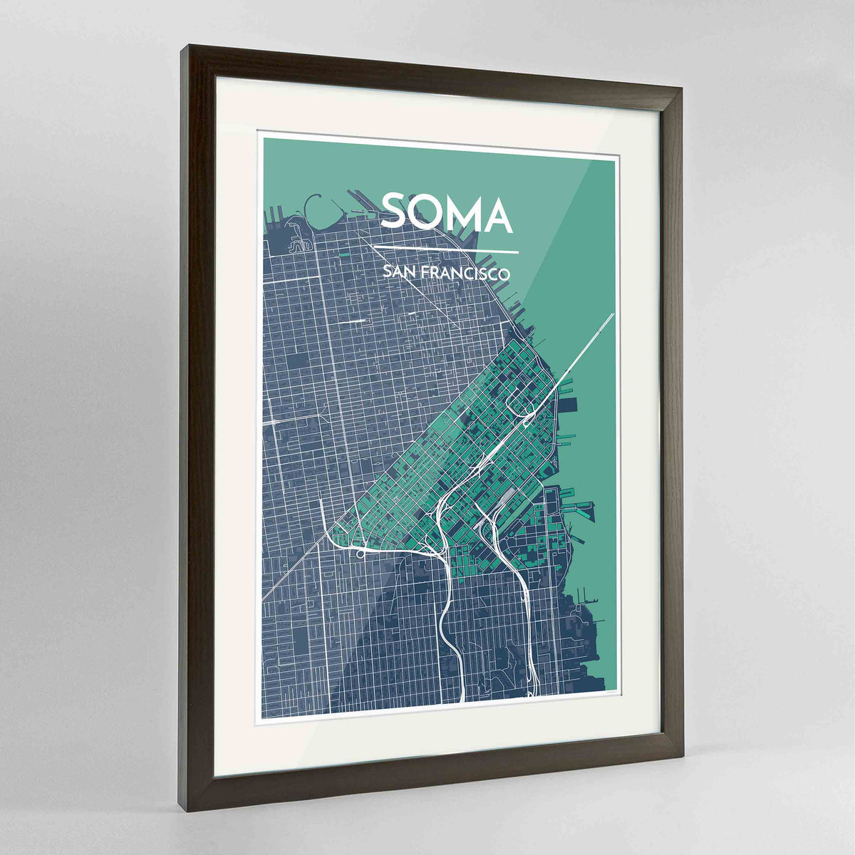 Framed SOMA San Francisco Map Art Print 24x36&quot; Contemporary Walnut frame Point Two Design Group