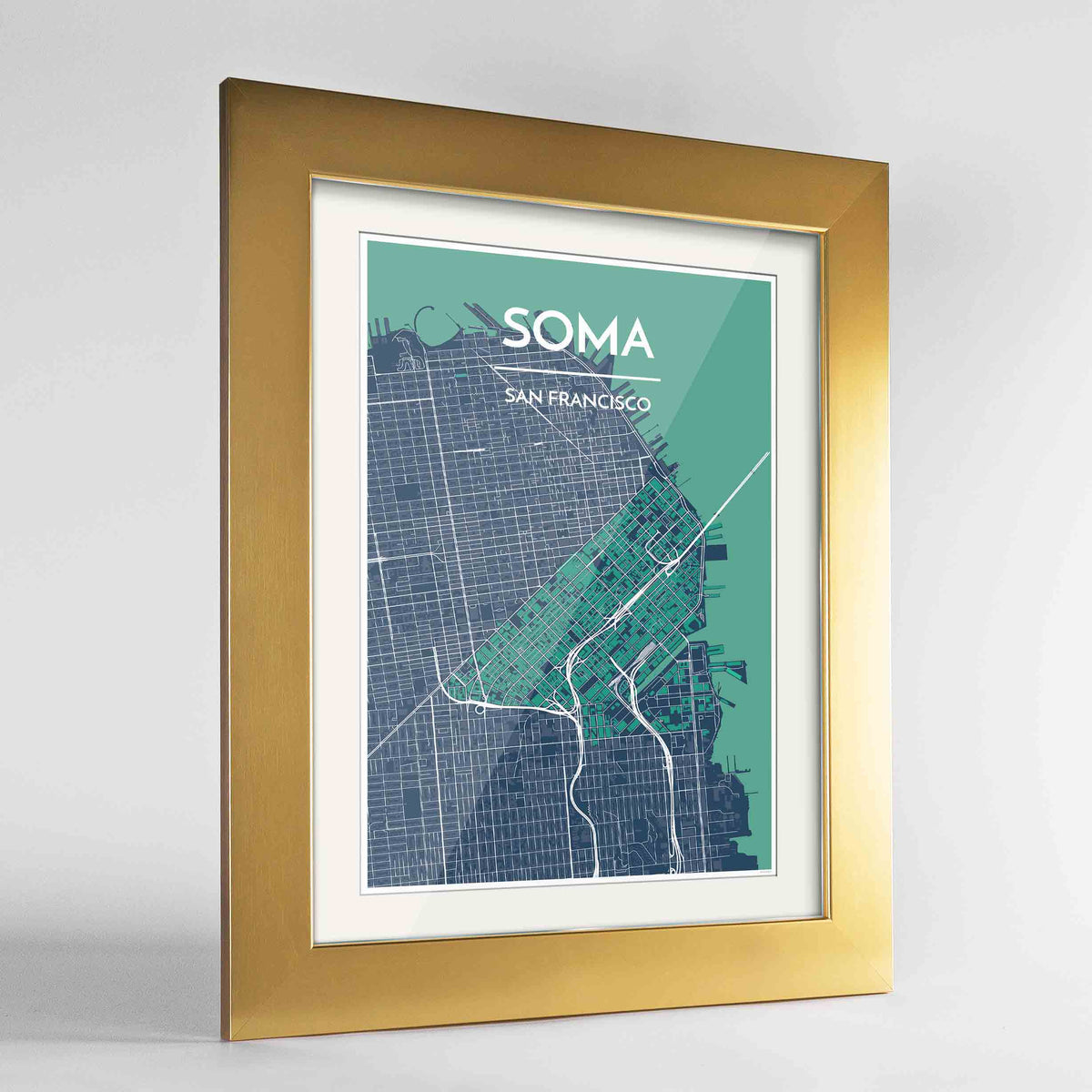 Framed SOMA San Francisco Map Art Print 24x36&quot; Gold frame Point Two Design Group