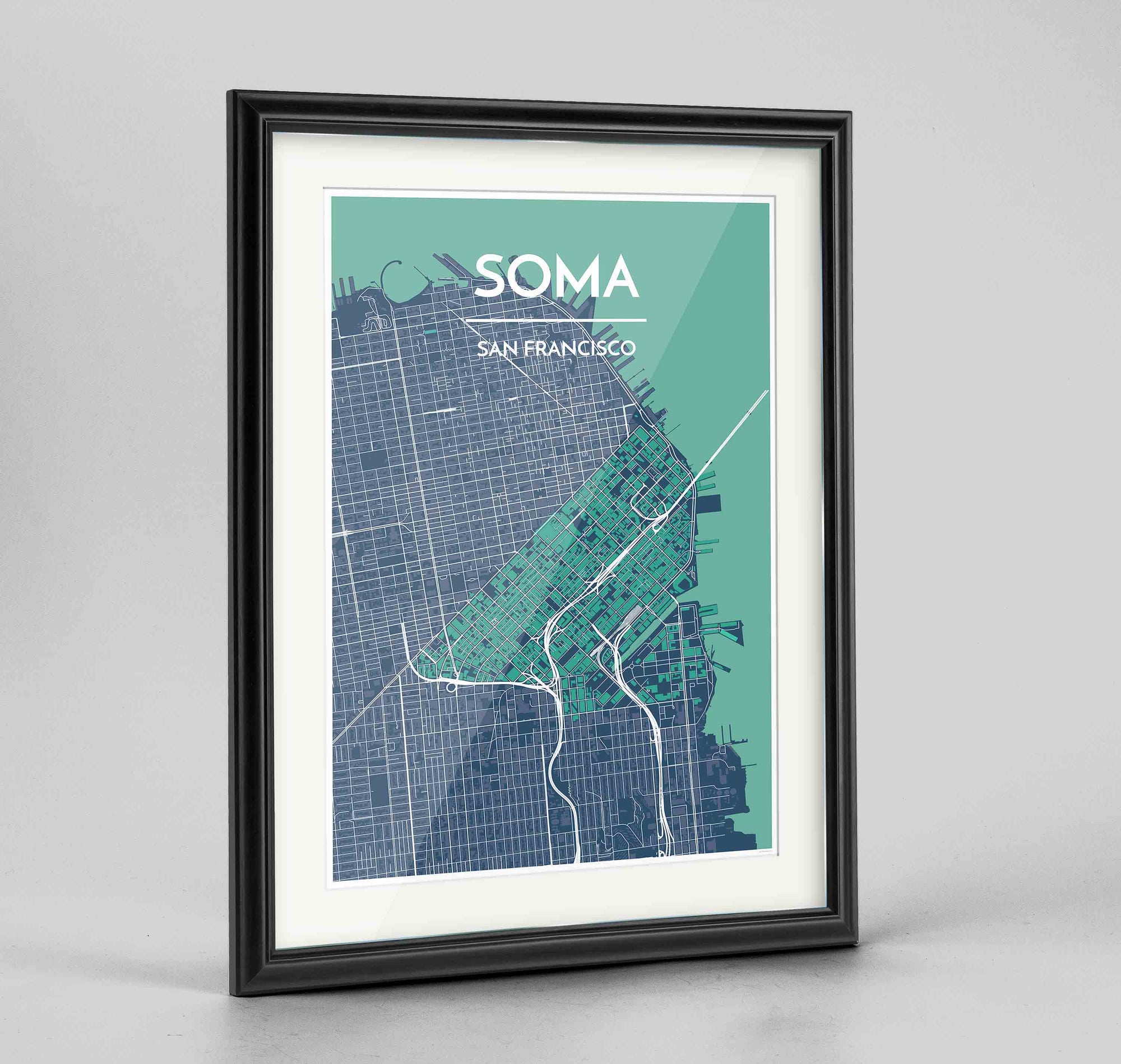 Framed SOMA San Francisco Map Art Print 24x36" Traditional Black frame Point Two Design Group
