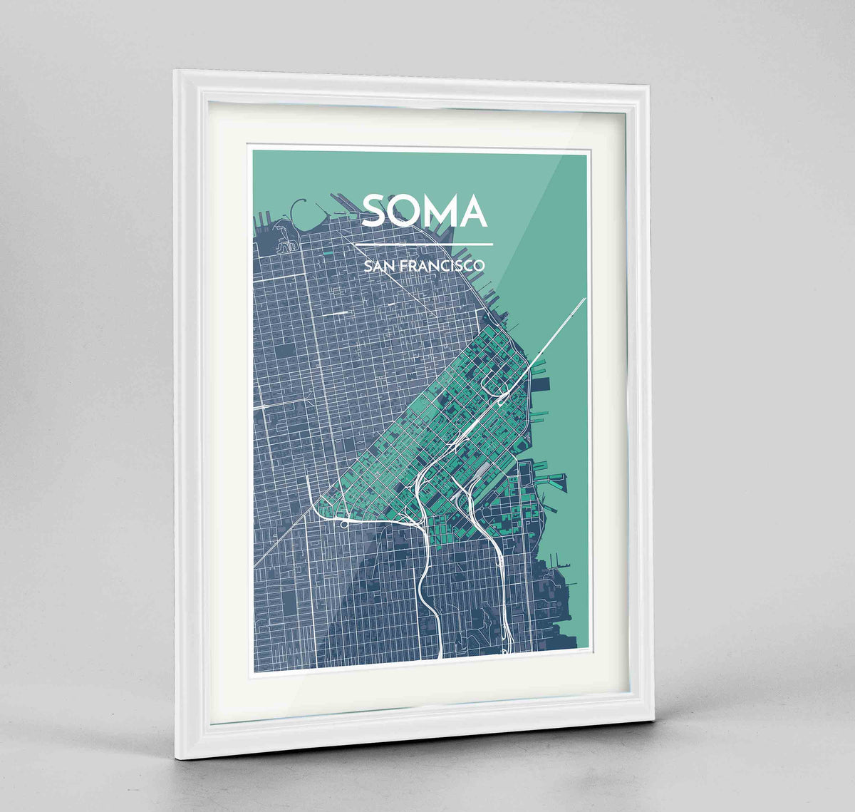Framed SOMA San Francisco Map Art Print 24x36&quot; Traditional White frame Point Two Design Group