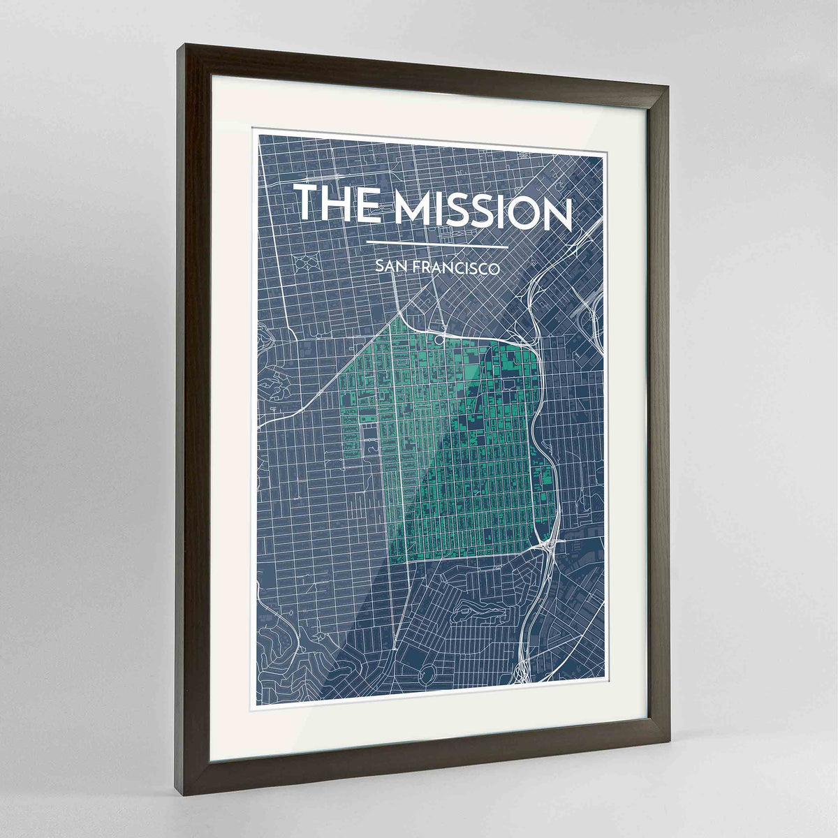 Framed The Mission San Francisco Map Art Print 24x36&quot; Contemporary Walnut frame Point Two Design Group