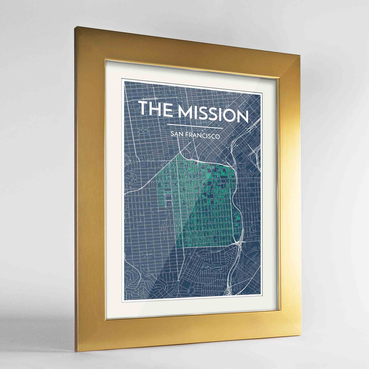 Framed The Mission San Francisco Map Art Print 24x36&quot; Gold frame Point Two Design Group