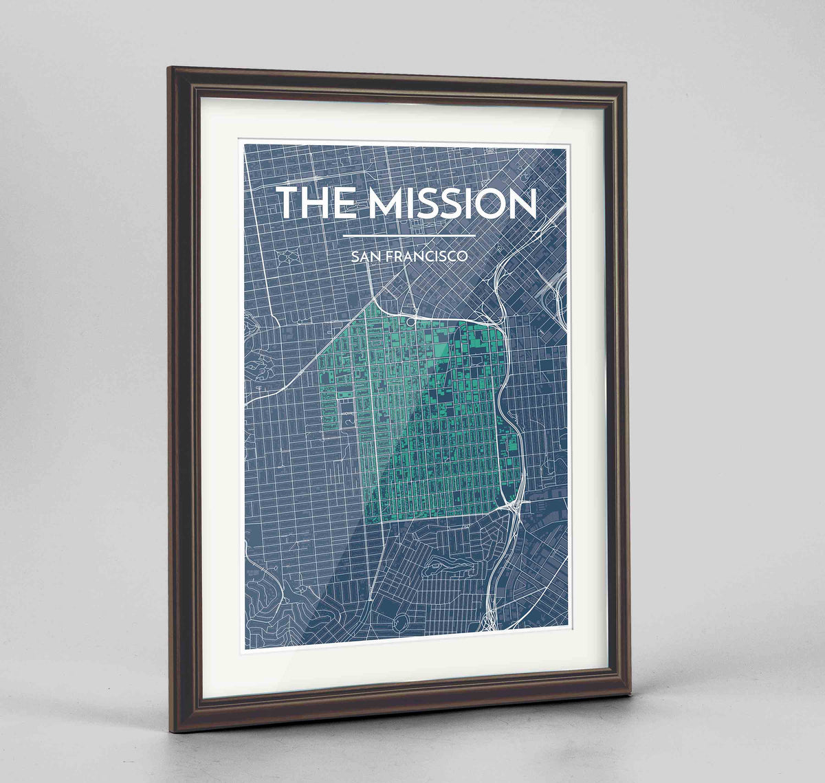 Framed The Mission San Francisco Map Art Print 24x36&quot; Traditional Walnut frame Point Two Design Group