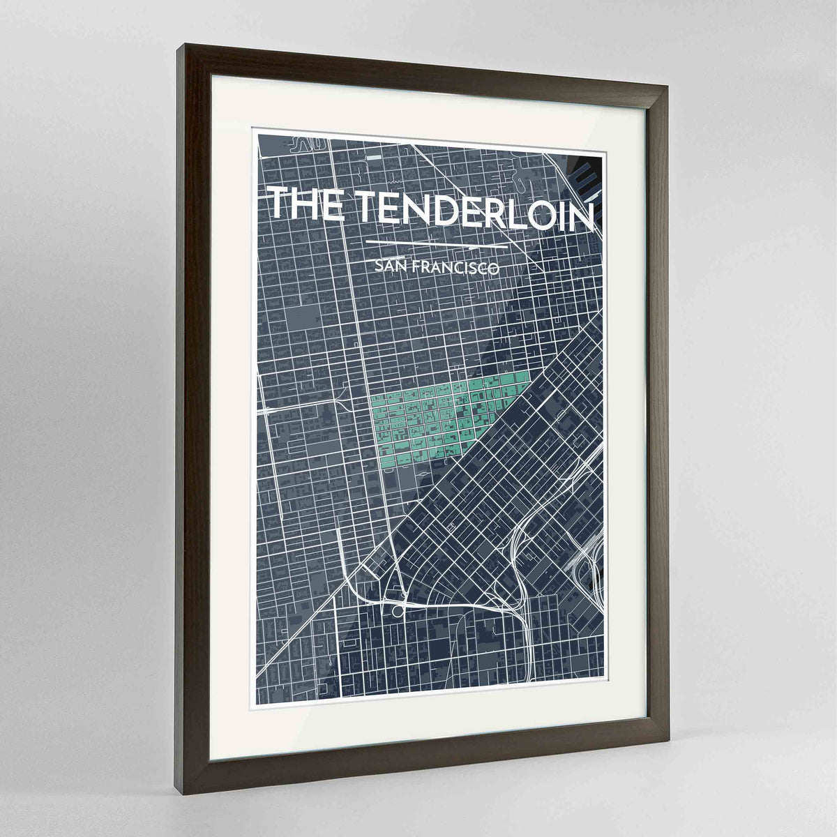 Framed The Tenderloin San Francisco Map Art Print 24x36&quot; Contemporary Walnut frame Point Two Design Group