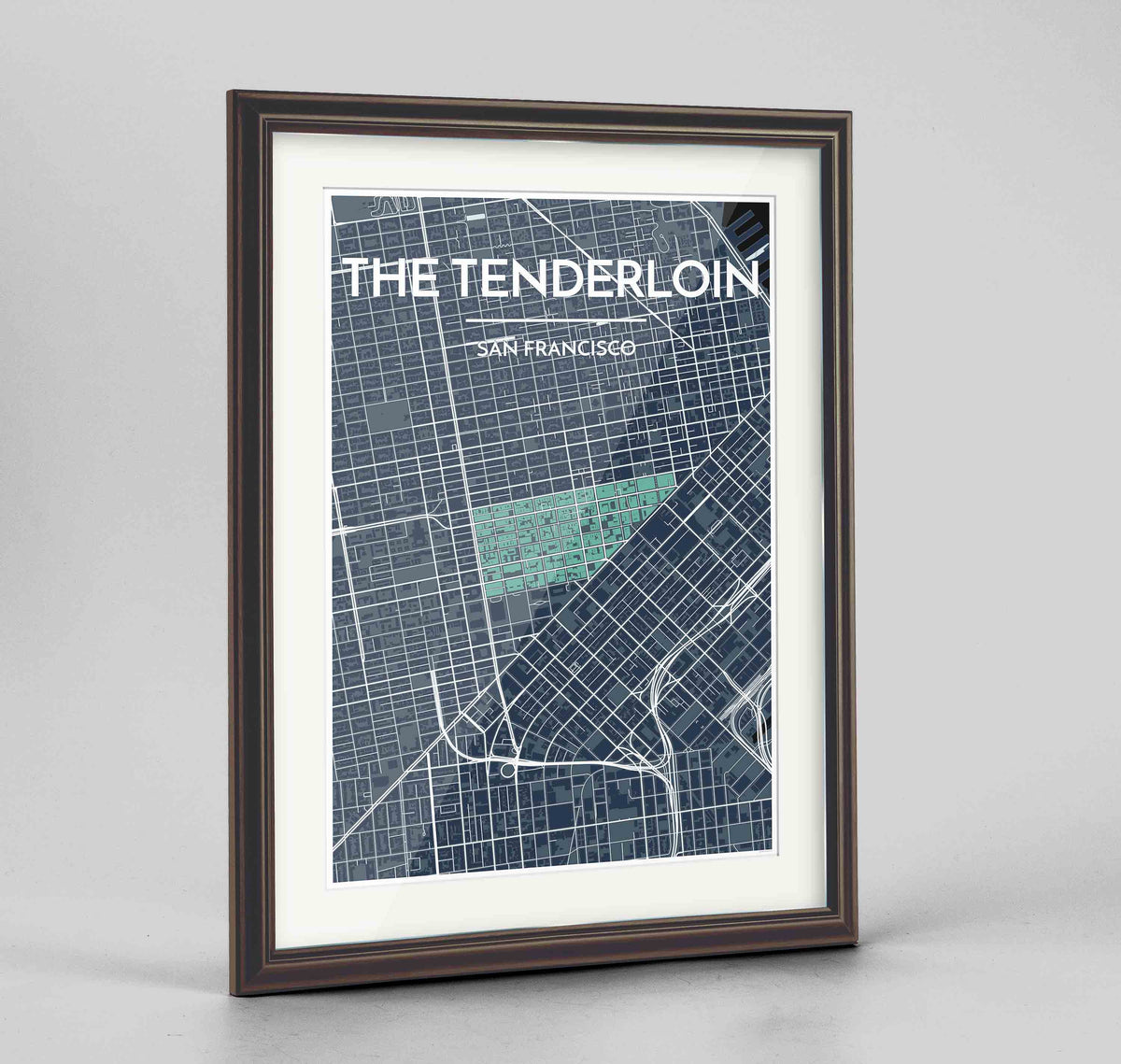 Framed The Tenderloin San Francisco Map Art Print 24x36&quot; Traditional Walnut frame Point Two Design Group
