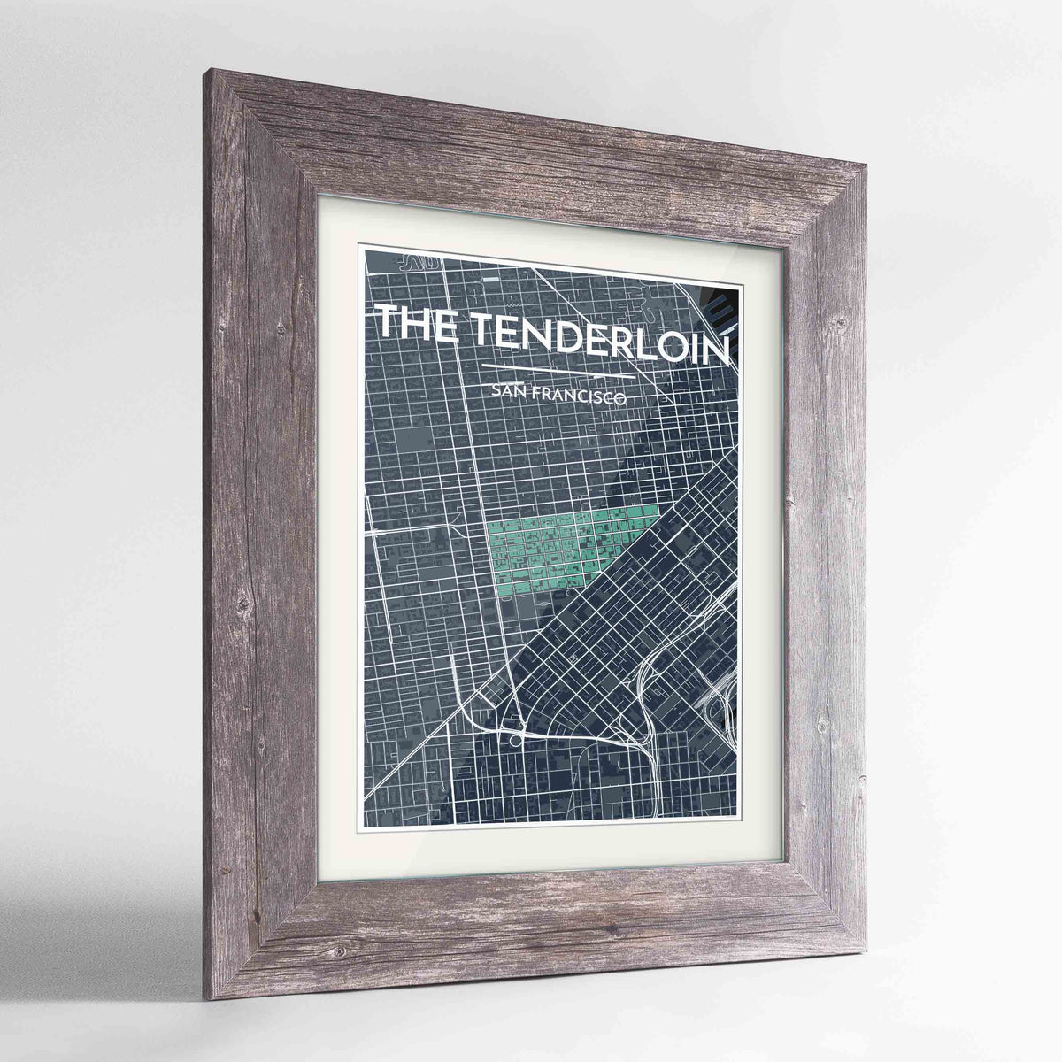 Framed The Tenderloin San Francisco Map Art Print 24x36&quot; Western Grey frame Point Two Design Group