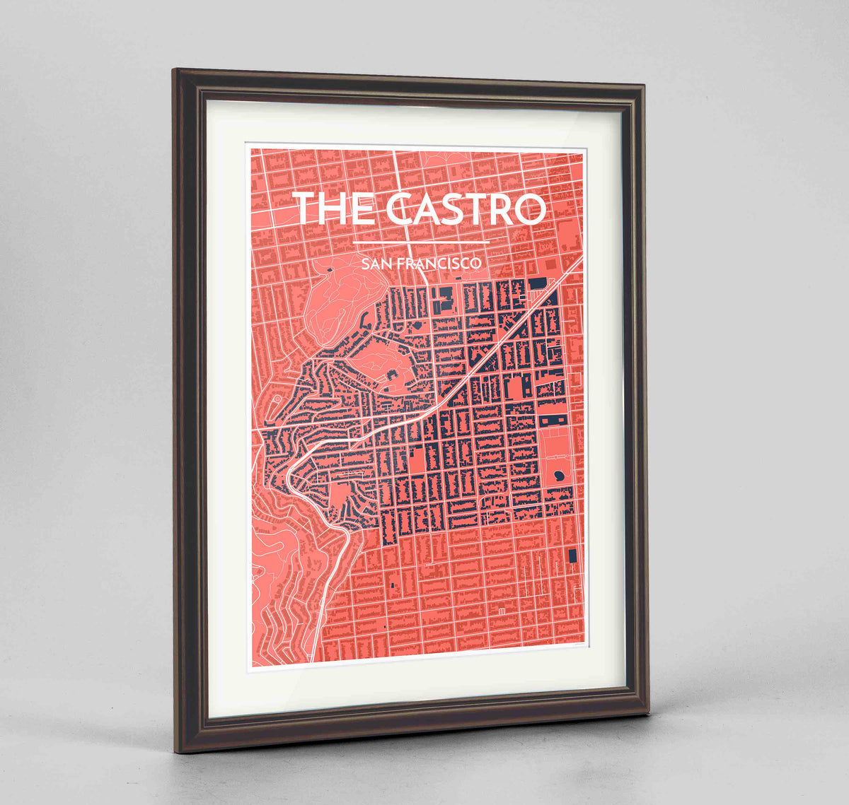 Framed Castro San Francisco Map Art Print 24x36&quot; Traditional Walnut frame Point Two Design Group