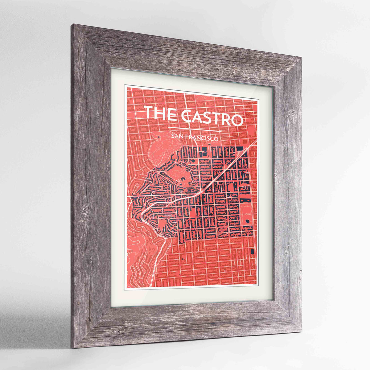 Framed Castro San Francisco Map Art Print 24x36&quot; Western Grey frame Point Two Design Group