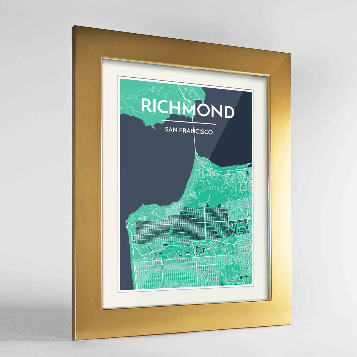 Framed The Richmond District San Francisco Map Art Print 24x36&quot; Gold frame Point Two Design Group