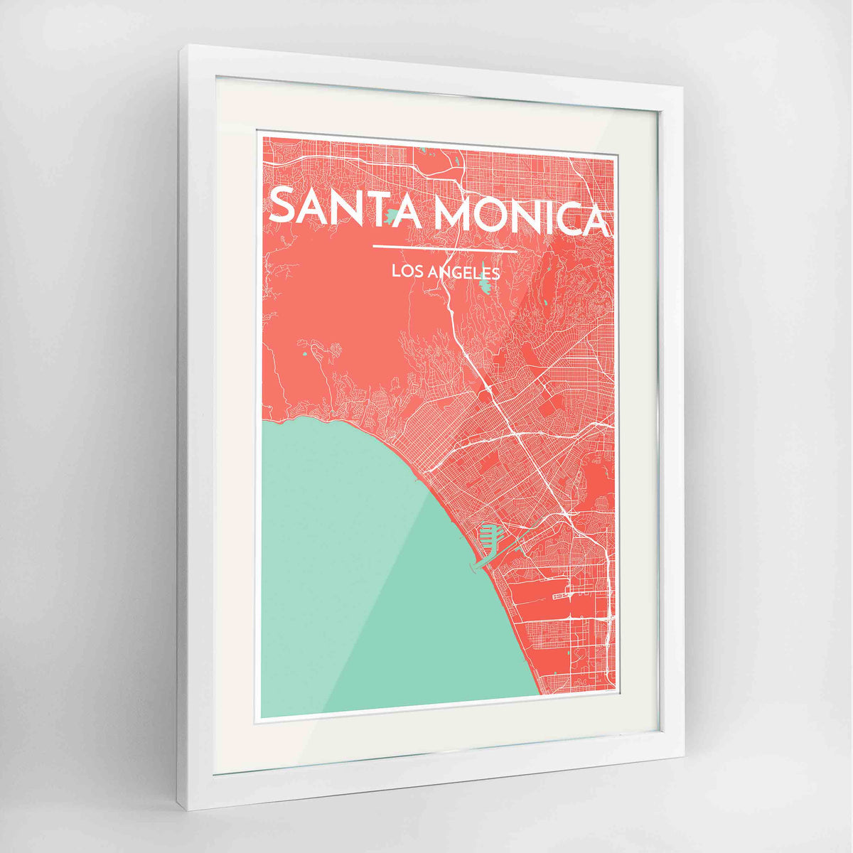 Framed Santa Monica Map Art Print 24x36&quot; Contemporary White frame Point Two Design Group